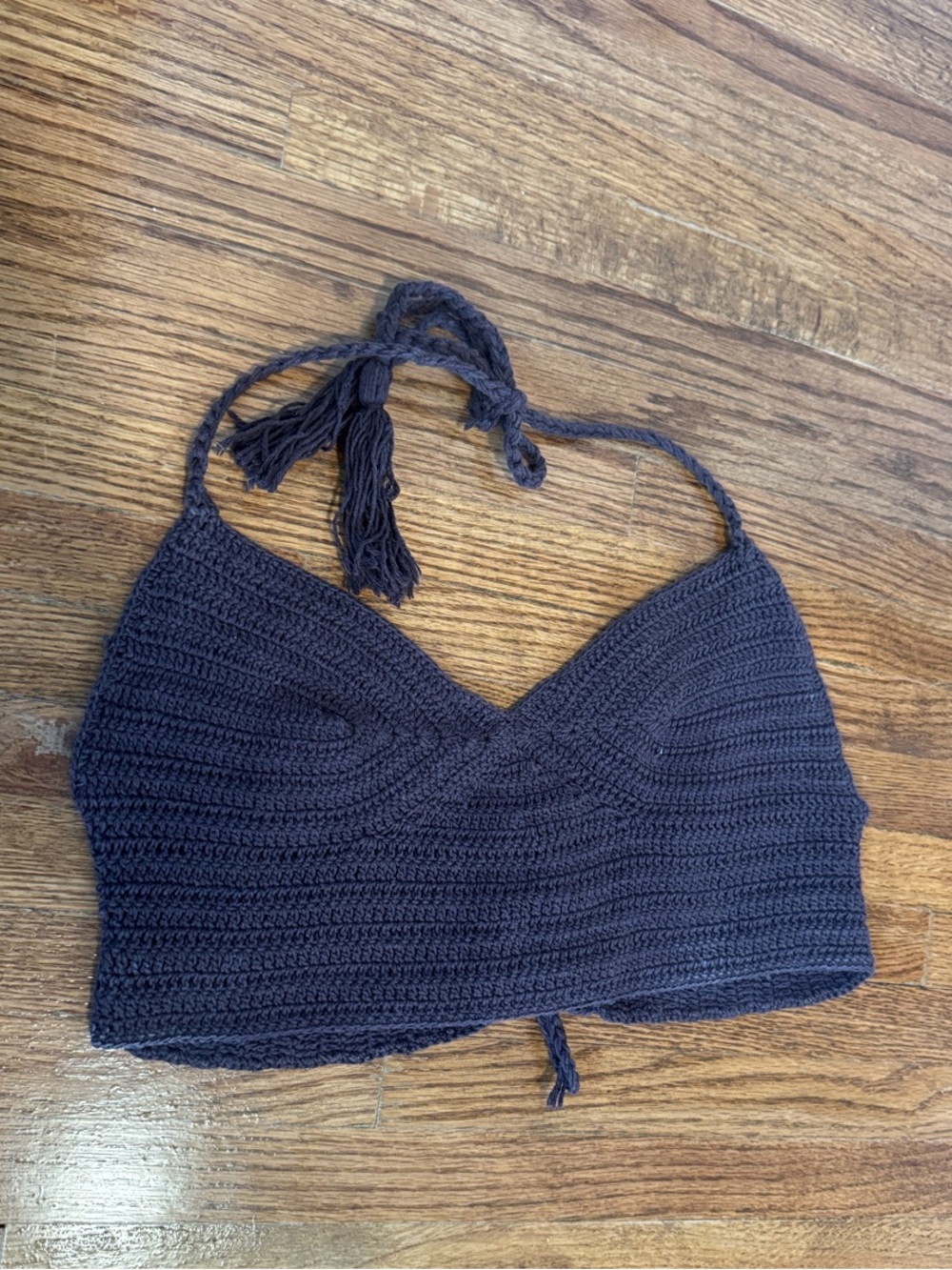 Handmade Chocolate Brown Crochet Lace-Up Halter Top Small